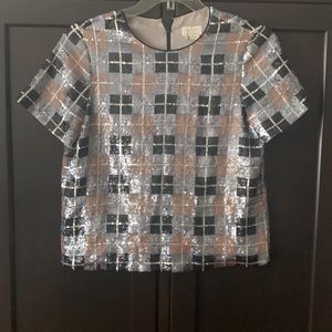 Kate Spade Sequin Embellished Plaid Short Sleeve Black Multi Crew Neck Top - 4